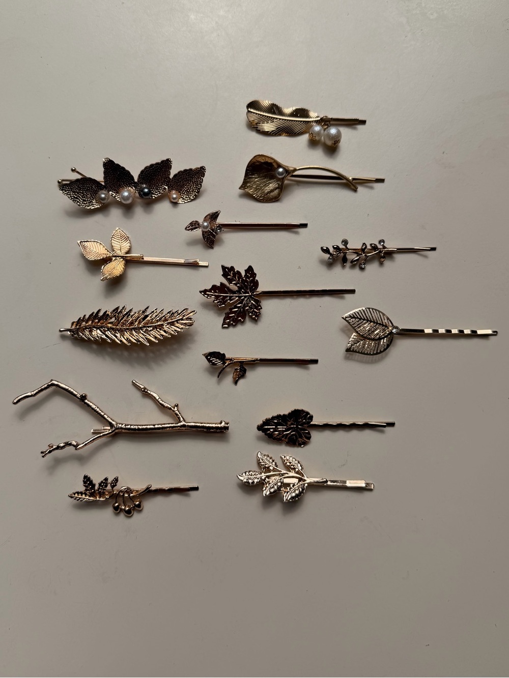 Gold-Tone Botanical Bobby Pin Collection - 15pc Leaf, Fern & Branch Hair Pin Lot